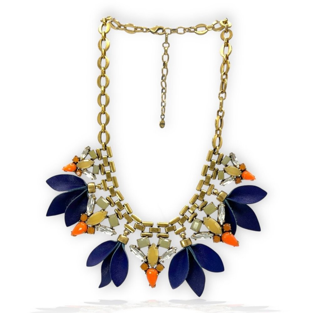 STELLA & DOT Melia Blue Petal Orange Necklace Rhinestone Gold Chain Link Bib